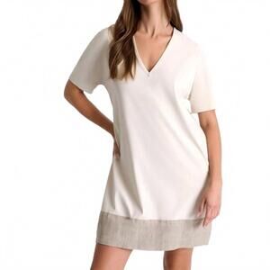 NEW SHAN elisabeth v-neck dress with lycra in ivory with beige trim